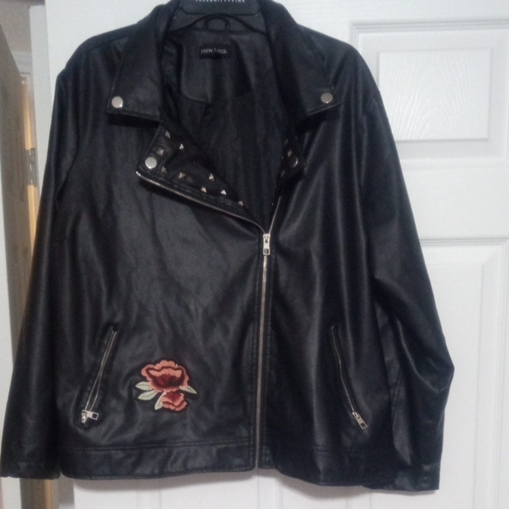 New Look Black Leather Jacket with Red Floral Embroidery
